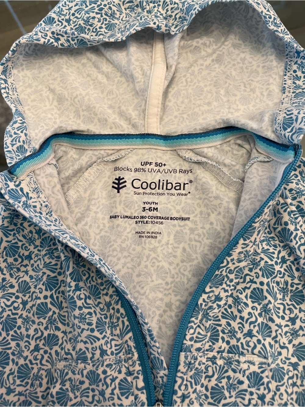 Coolibar Blue White Floral Baby LumaLeo UPF 50+ Hooded Bodysuit
